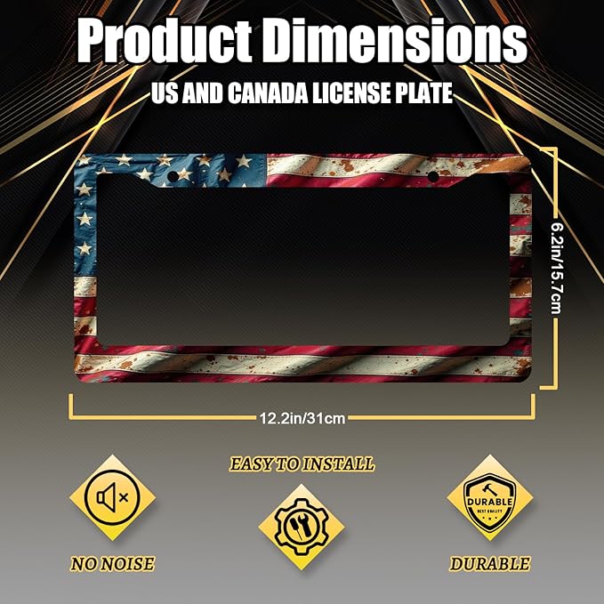 American Flag License Plate Frame Patriotic License Plate Stainless Steel Funny USA Flag Accessories Cars Decor for Men Women 12.2 X 6.2 Inch with 2 Holes and Screws Fits Standard Us Ca Vehicles