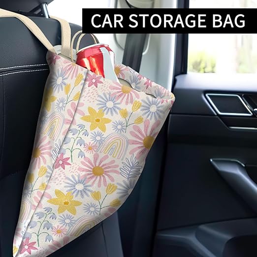 Car Trash Can, Cute Car Trash Bag, Hanging Car Organizer and Storage Bag, Trash Bin for Car Accessories, Vehicle, Travelling, Camping Cute Spring Flower