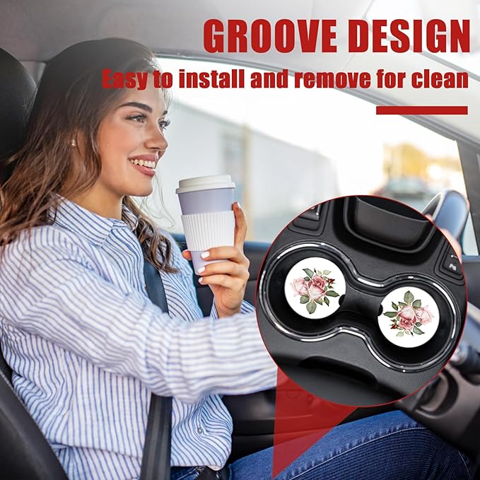 Watercolor Rose Car Coasters for Cup Holders, Vintage Floral Absorbent Ceramic Car Coaster Car Cup Holder Coaster Car Accessories for Women Men (2 Pack)