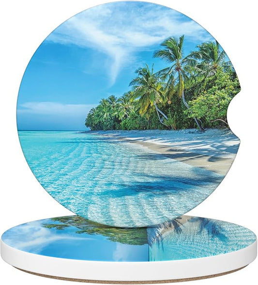 Car Cup Holder Coaster, Car Coasters for Cup Holders, 2 Pack Universal Anti Slip Insert Absorbent Ceramic Auto Interior Accessories with A Finger Notch & Cork Base, Sky and Sea