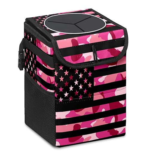 Car Trash Can USA Flag Camouflage Wate-rproof Auto Garbage Bag Car Trash Can with Lid Leak-Proof Car Storage Bag Hanging for Headrest Collapsible and Portable with Storage Mesh Pocket