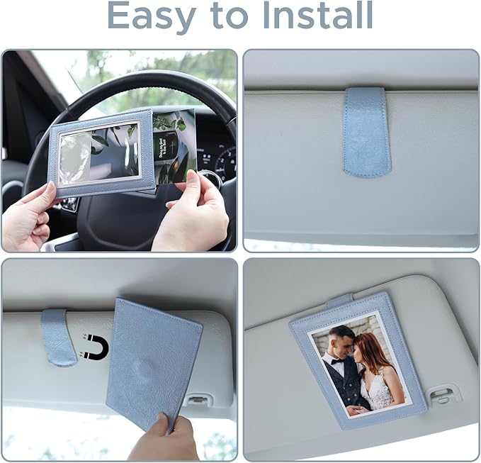 KINIVA 2 Pack Car Picture Holder - Magnetic Faux Leather Picture Frame for Safe Driving - Gift for Dad Mom Husband Wife Car Visor Accessories, Car Accessory (Fits 2.5"x3.5" Photos) (Blue)