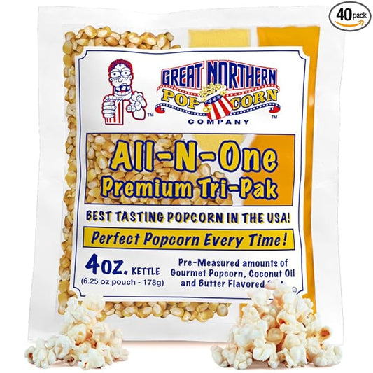 4oz Popcorn Machine Popcorn Packets - Pre-Measured, Movie Theater Style, All in One Gourmet Pop Corn Kernels for Popping with Butter Flavored Salt and Oil by Great Northern Popcorn (40 Case)