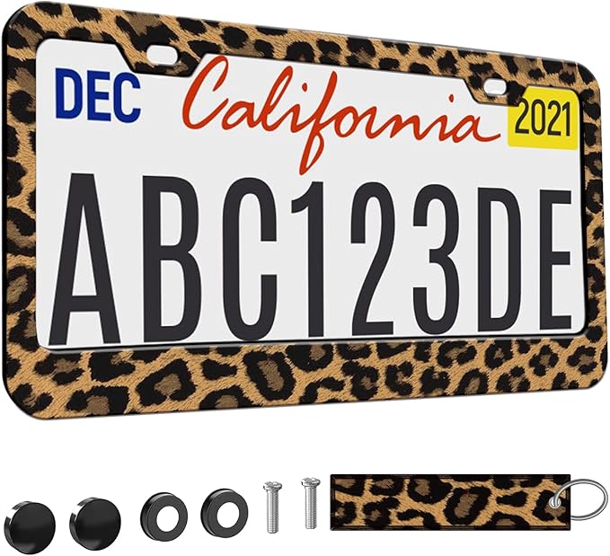 2pcs Brown Cheetah Leopard Print License Plate Frame for Women, Cheetah Leopard Brown car Decorative tag Frames Girly Animal License Plate Cover Holder for Vehicle with car Keychain tag