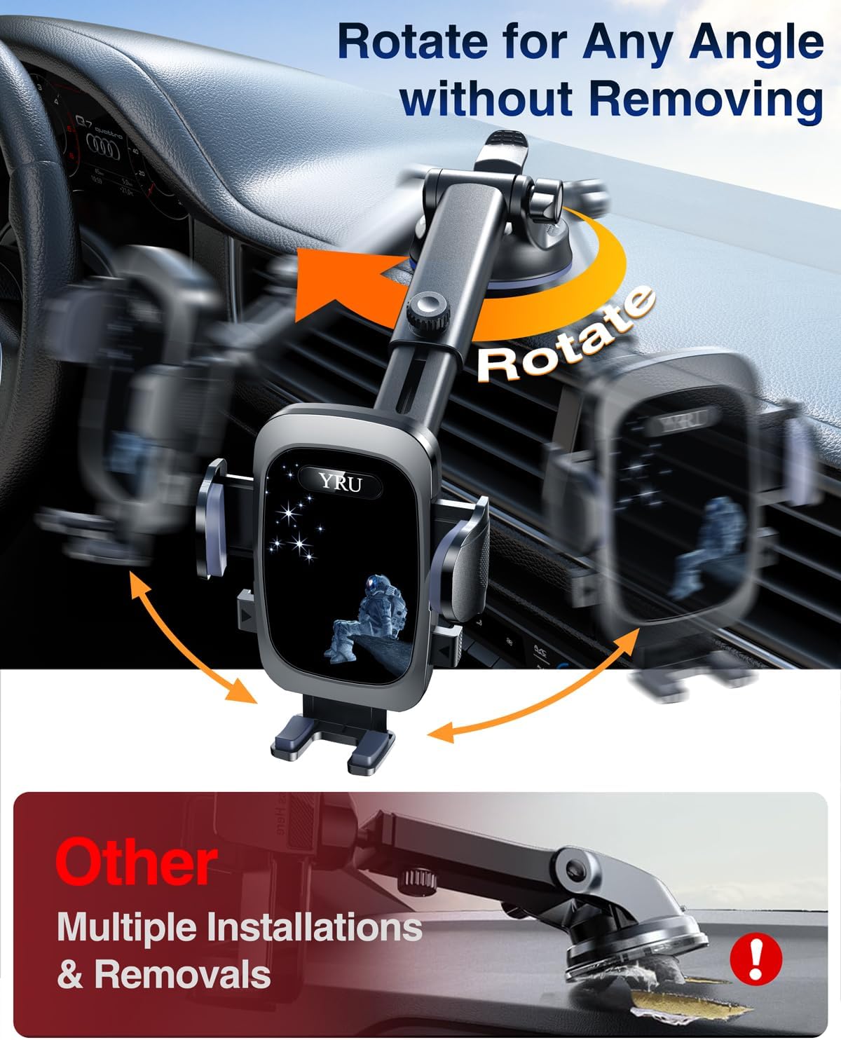 YRU True Military-Grade & 360 Degrees Rotatable Suction 2025 Ultimate Car Phone Holder Mount 90+LBS Safest Strongest Patent Certs Dashboard Windshield Vent for iPhone 16 15 Pro Max Samsung Dark Black