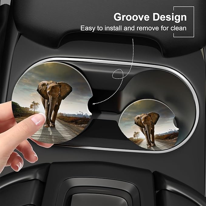 Walking Elephant Car Cup Holder Coaster, Car Coasters for Cup Holder, 2 Pack Natural Animal Landscapes Anti-Slip Absorbent Ceramic Car Cup Coasters for Women Men with Finger Notch Cork Base 2.56"