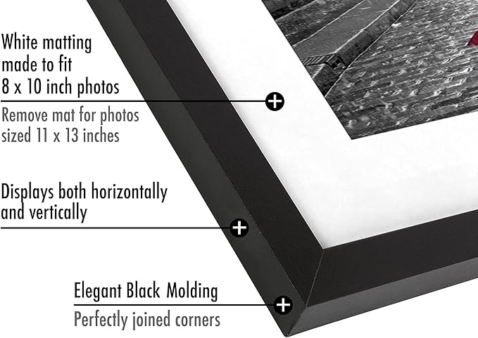 Americanflat 11x13 Picture Frame with Shatter-Resistant Glass - Set of 2 - Use as 8x10 Frame with Mat or Display 11x13 Photo Without Mat - Signature Collection - Picture Frames for Wall - Black