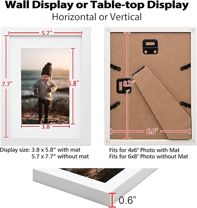 KINLINK 6x8 Picture Frame White Set of 4, Wooden Photo Frames Matted 4x6 with Plexiglass for 4x6 with Mat or 6x8 without Mat for Table and Wall Display