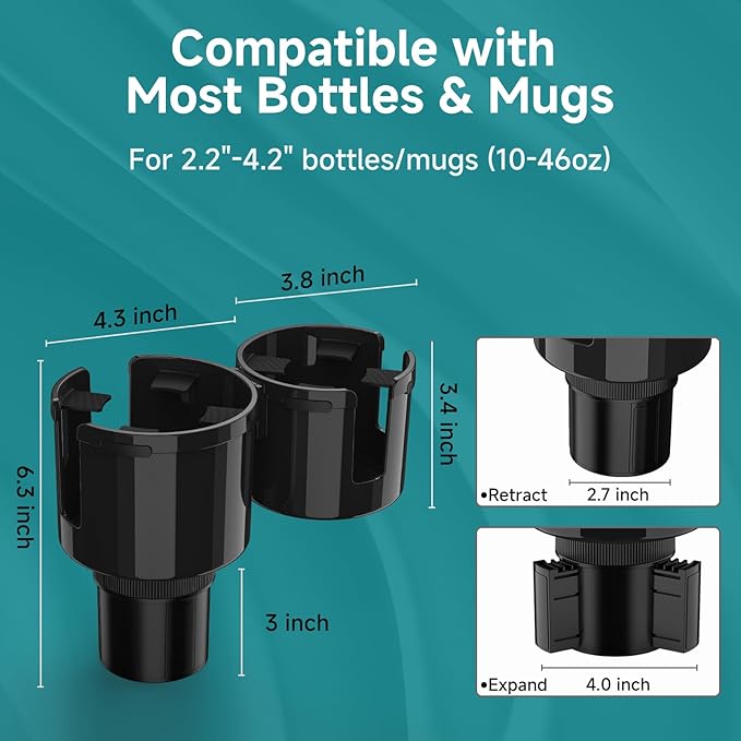 Car Cup Holder Expander, 2 in 1 Adapter with Expandable Base, Fits Yeti, Hydroflask, Large Water Bottles 10-46 OZ