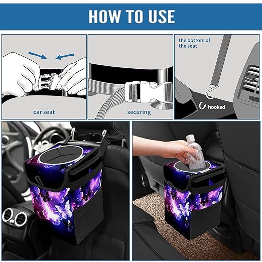Purple Butterfly Trash Can With Lid - Collapsible Reusable Waterproof Car Garage Bag, Automotive Garbage Can, Accessories Interior Organizer
