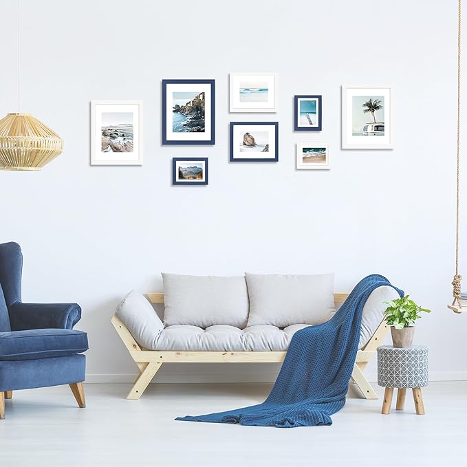 11x14 Picture Frame Set of 4, High Definition Real Glass, Display Pictures 8x10 with Mat or 11x14 Without Mat, Gallery Wall Hanging Photo Frames, Blue