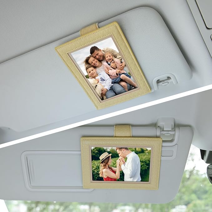 KINIVA 2 Pack Car Picture Holder - Magnetic Faux Leather Picture Frame for Safe Driving - Gift for Dad Mom Husband Wife Car Visor Accessories, Car Accessory (Fits 2.5"x3.5" Photos) (Yellow)