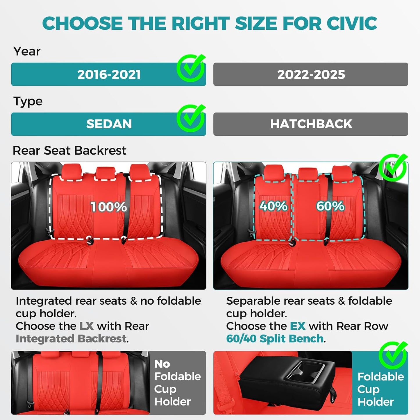 Seat Covers for Honda Civic Sedan EX-L, EX-T, EX, Touring, LX-P, Sport 2016 2017 2018 2019 2020 2021, Faux Leather Car Seats Cover Full Set(Rear Row 40/60 Split & Folding Backrest)-RED