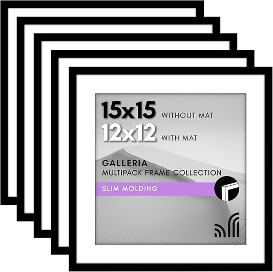 Americanflat 15x15 Picture Frame with Polished Plexiglass - Set of 5 - Use as 12x12 Frame with Mat or Display 15x15 Photo Without Mat - Galleria Collection - Square Frames for Wall Display - Black