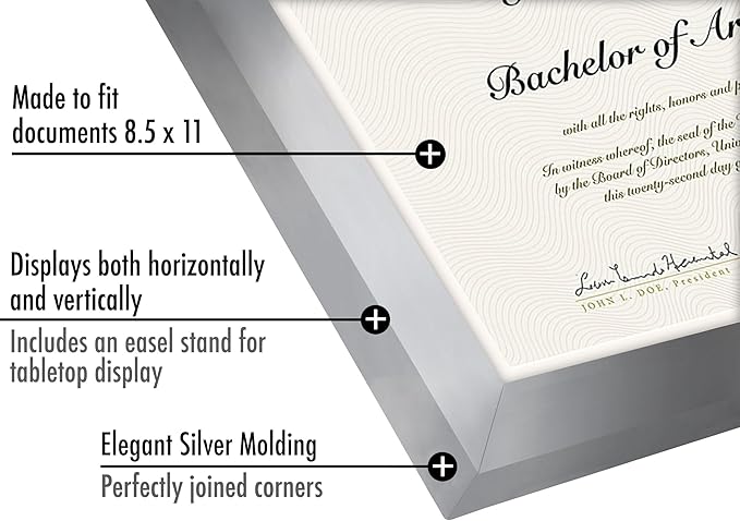 Americanflat 8.5x11 Diploma Frame with Shatter-Resistant Glass - Document Frames with Engineered Wood - Legacy Collection - Certificate Frame for Tabletop and Wall Display - Silver