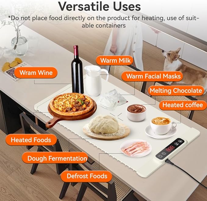 Electric Warming Tray, Fast Full Surface Heating Food Warming Mat, Portable Silicone Warmer with 5 Adjustable Temperature & Auto Shut-Off, Foldable Food Warmer for Parties, Gatherings, Daily Use