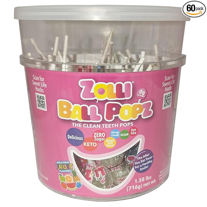 Zollipops Ball Popz 60ct Tub - Assorted Flavors, Sugar-Free, Dental-Friendly Lollipops for Guilt-Free and Flavorful Snacking