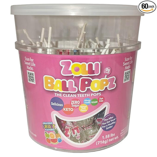 Zollipops Ball Popz 60ct Tub - Assorted Flavors, Sugar-Free, Dental-Friendly Lollipops for Guilt-Free and Flavorful Snacking