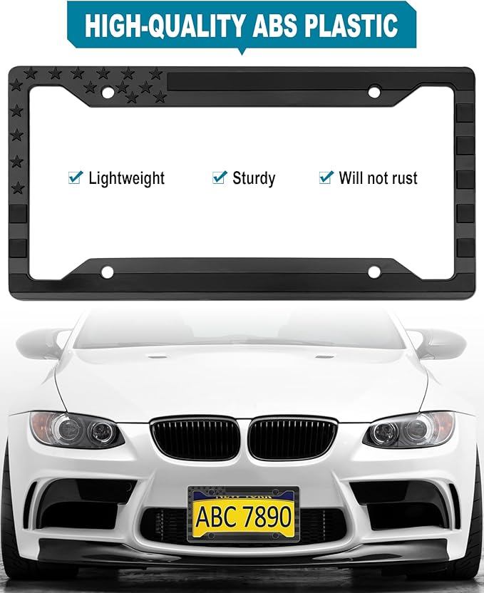American Flag License Plate Frames- Black Plastic Patriotic Car Tag Holder with Mounting Hardware & Screws Caps，2 Pack 4 Holes for Front Rear