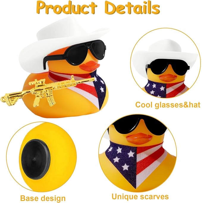Rubber Duck with Cow-boy Hat, American Flag Scarf, Gun and Sunglasses,Car Dashboard Decoration, Cow-boy Duck for Birthday Party Favors