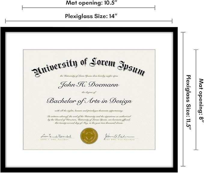 Americanflat 11.5x14 Diploma Frame with Shatter-Resistant Glass - Use as 8.5x11 Frame with Mat or Display 11.5x14 Document Without Mat - Legacy Collection - Certificate Frames for Wall - Black