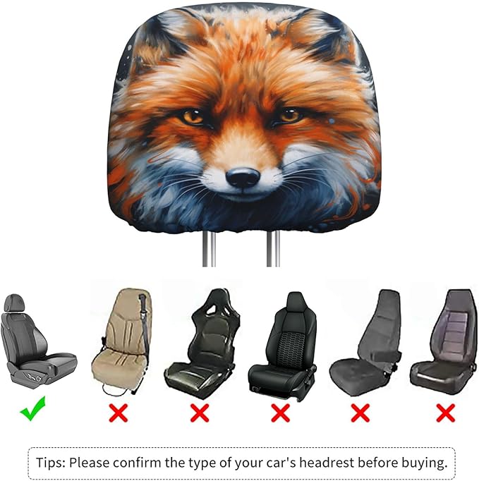 Dujiea 2 Pack Fox Watercolor Animal Car Headrest Covers, Universal Soft Car Seat Head Rest Cover Protector, Vehicle Accessories Fabric Headrest Cover for Cars Vans Trucks