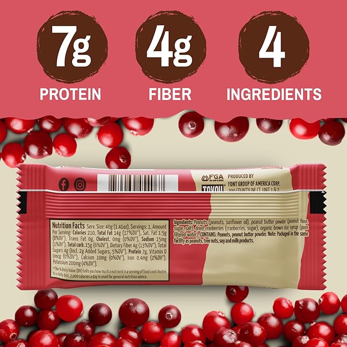 ToYou Chewy Fruit and Nut Bars - Healthy Protein Snacks | Peanut Butter Cranberry - 1.41 Ounce (Pack of 12) | Soft Chewy, Vegan, Fiber-packed Granola Bars for Adults and Kids, Made with Natural Ingredients
