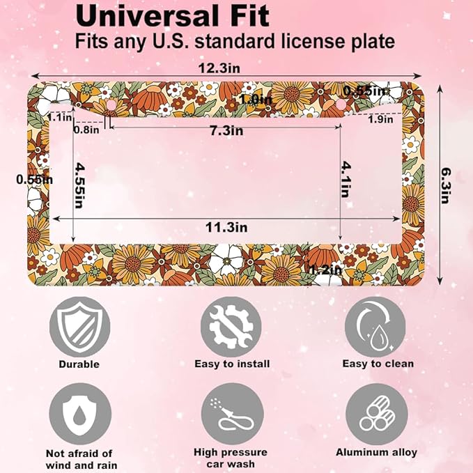 2pcs Retro Sunflower and Wild Flowers Floral License Plate Frame for Women, Inspirational Vintage Sunflower Floral car Decorative tag Frames Girly, Cottage Daisy Boho theam License Plate Cover Holder