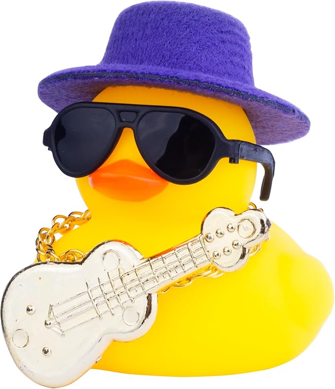 Car Rubber Duck Ornaments Yellow Duck Car Dashboard Decorations with Mini Top Hat Guitar Sunglasses Necklace(G5)