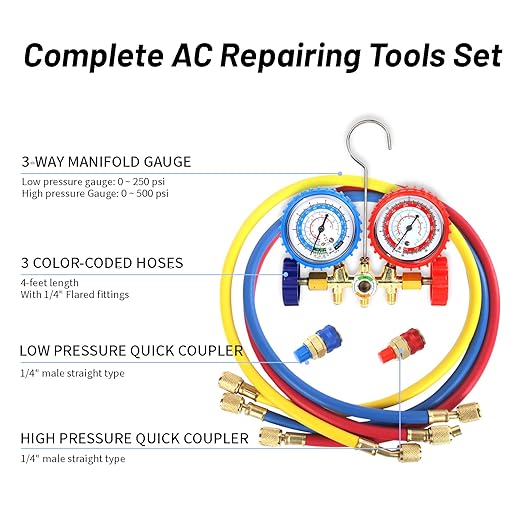 PB Motor Tech AC Diagnostic Manifold Gauge Set for R134A, R12, R22, R502 Refrigerants, Includes 4FT Three-Color Hoses and 2 Quick Couplers - Automotive & Household AC Maintenance