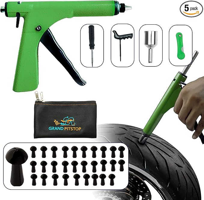 GRAND PITSTOP Tubeless Tire Gun Puncture Repair Kit with Mushroom Plug for Tyre Punctures and Flats on Cars, Motorcycles, ATV, Trucks & Tractors (Gun Puncture Kit 30 Plugs)