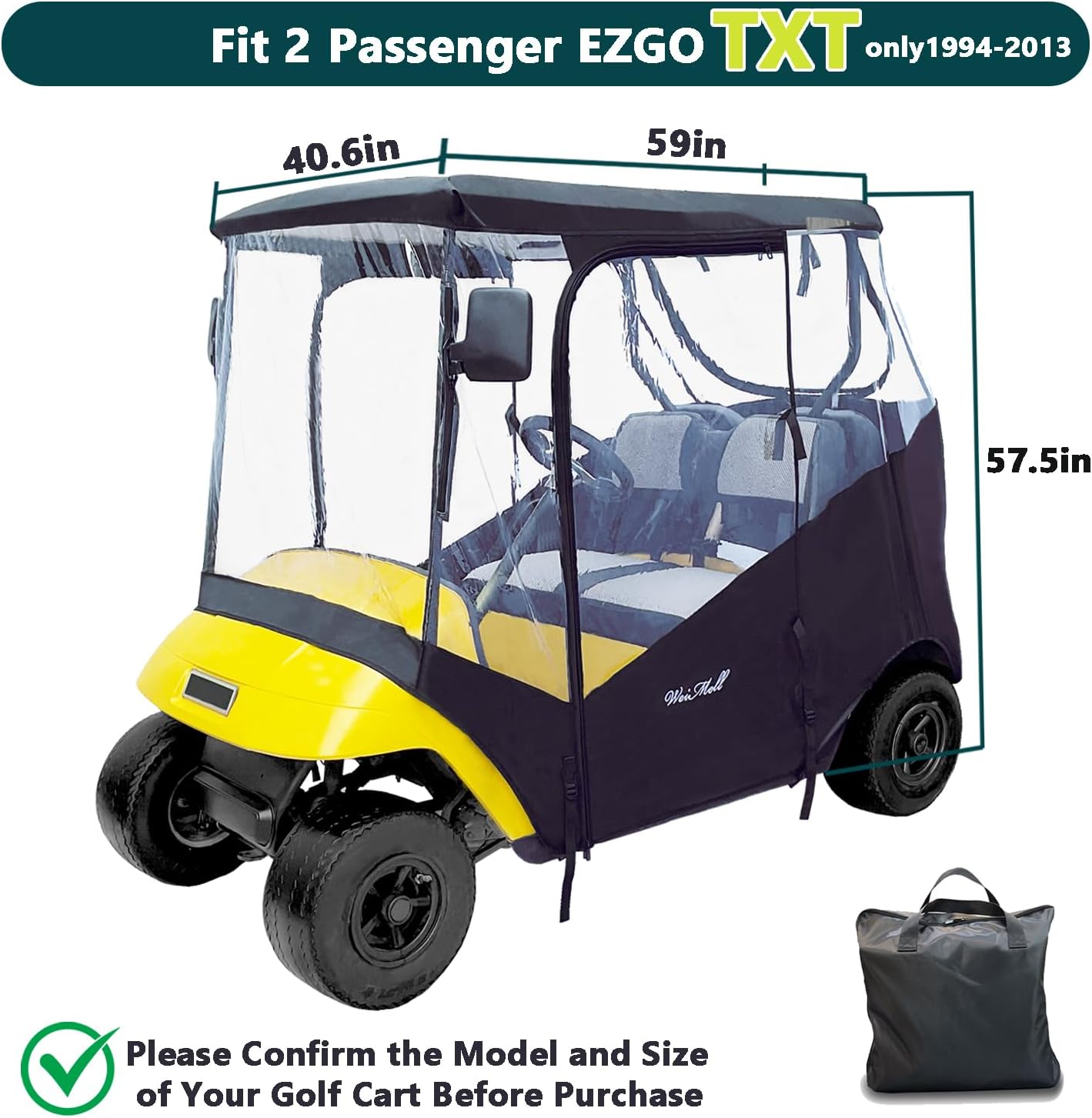 Golf Cart Enclosure Fit for EZGO TXT EZGO RXV 2 Passenger 2-Person Seaters Waterproof Transparent Driving Rain Enclosure Cover 4-Sided Clear Window Roll-up Zipper Door Black
