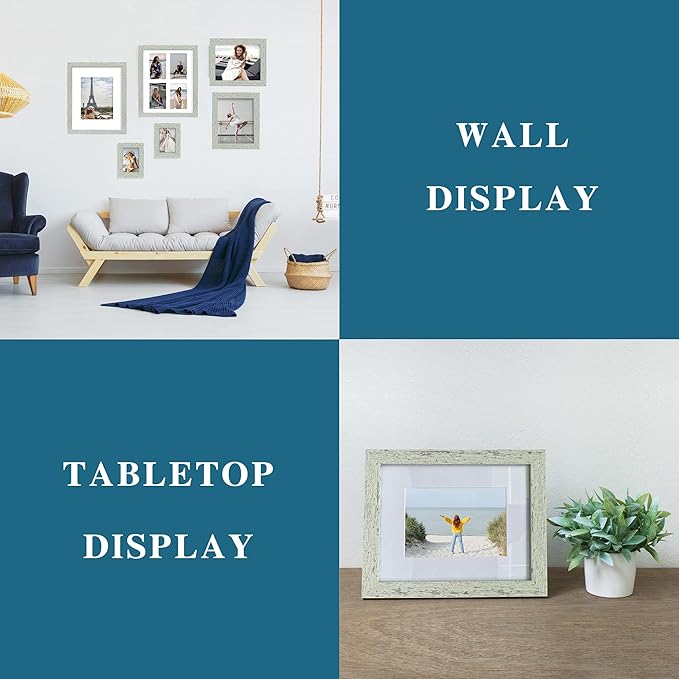 4x6 Picture Frame Set of 2, Made of Real Glass and Sage Green Wooden Frame - Display Pictures 3.5x5 with Mat or 4x6 Without Mat, 4 by 6 Photo Frame for Wall or Tabletop Display