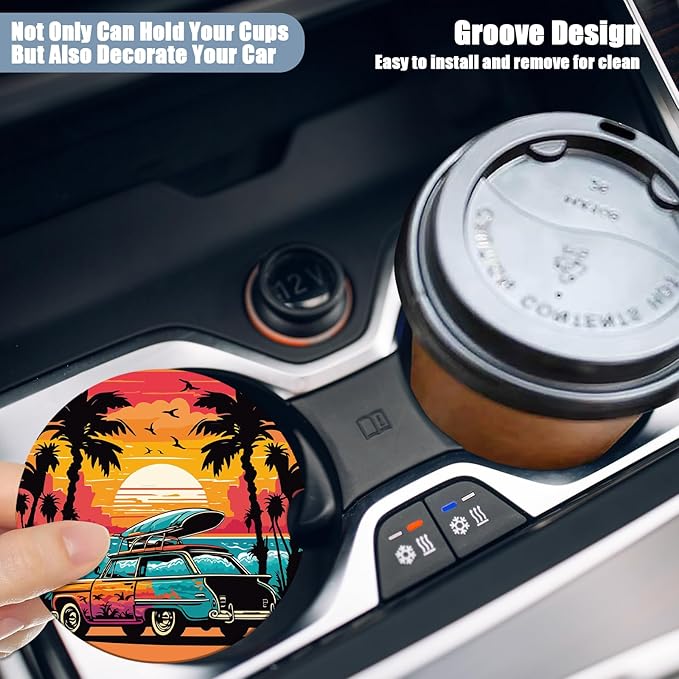 Car Cup Holder Coaster - Sunset Palm Tree Scenery Travel Absorbent Ceramic Coaster, Travel Drink Cup Holder Coasters, Auto Interior Accessories, Drink Cup Holder Coasters for Women & Men Pack of 2