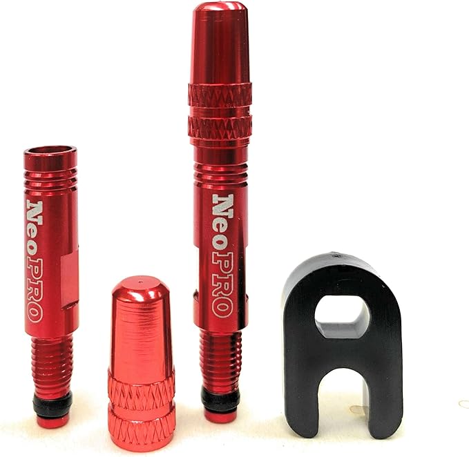 NeoPRO Presta Valve Extension Extender Kit (Pack of 2) w/Valve Key and Cap - Available in 4 Lengths - 20,30,40,60 mm (Red, 20mm)