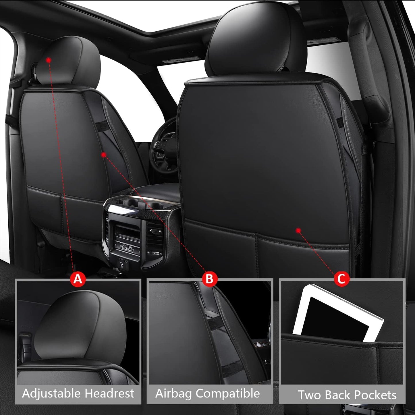 MIROZO Front Ram Seat Covers,2PCS Leather Dodge Ram Seat Covers Compatible with 2009-2025 RAM 1500 2500 3500 Truck Pickup Crew Quad Cab (2PCS Front,Black and Red)