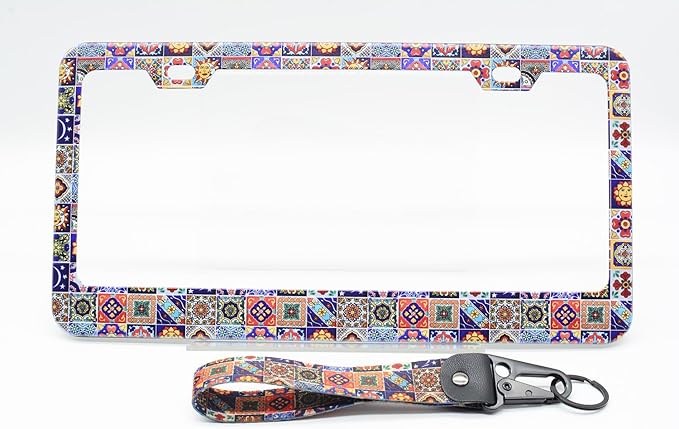 1-Pack Mexican Tiles License Plate Frames for Women Man, 2 Holes Mandala Boho Aluminum License Plate Holder,License Plate Cover fits Vehicles 12.3" x 6.3" with Keychain Wrist Lanyard