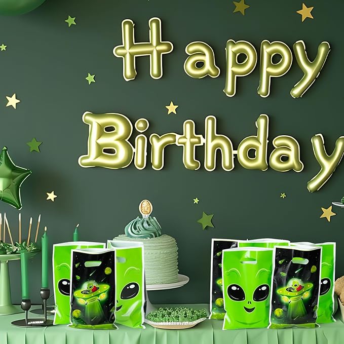 Alien Party Favor Bags - 50Pcs Fun Alien Party Gift Bags, Green Alien Goody Candy Treat Bags, Space Theme Party Decorations Plastic Birthday Snack Bag for Kids Birthday Alien Themed Party