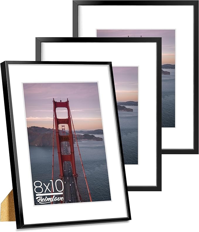 Heimlove 8x10 Aluminum Picture Frame,Metal photo Frame with Plexiglass 5x7 with Mat or 8 x 10 Without Mat Wall Mounting Horizontally or Vertically,Poster Frame- 3 Packs - Black