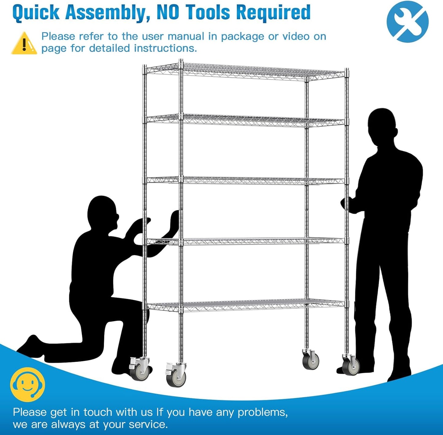 Wire Shelving with Wheels, 48x18x72 Inch, 3000 Lbs Storage Shelves Heavy Duty, Commercial-Grade Adjustable Utility Shelf, NSF-Certified Metal Storage Rack with Shelf Liners, 5-Tier, Chrome