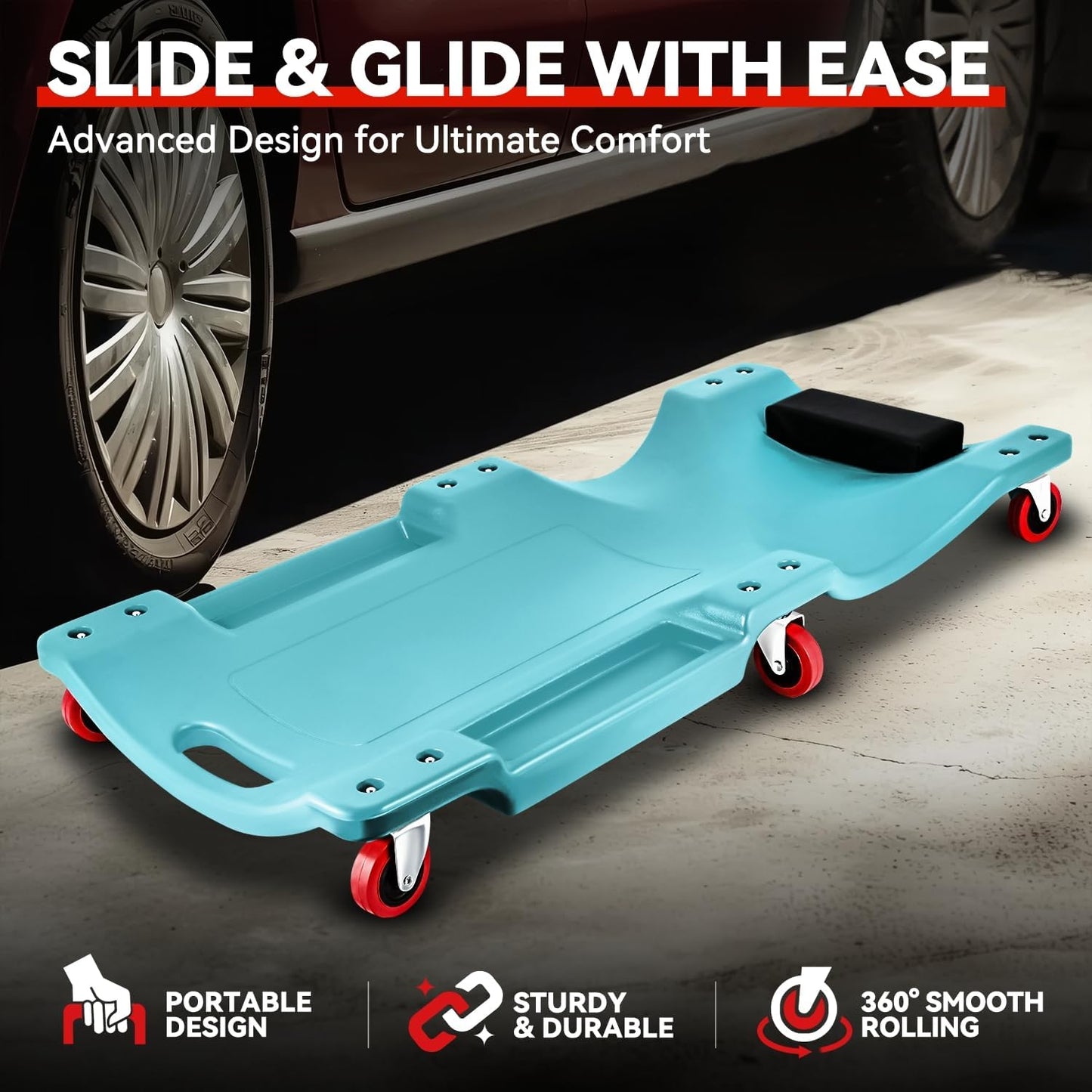 Auto Dynasty 36 Inches Mechanic Creeper, Automotive Garage Repair Low Profile Under Car Rolling Creeper with Padded Headrest, Plastic, Sky Blue