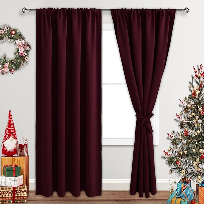 JIUZHEN Christmas Blackout Curtains for Bedroom - Thermal Insulated Room Darkening Rod Pocket Curtains for Living Room, Set of 2 Panels with Tiebacks, 52 x 90 Inch Length, Burgundy