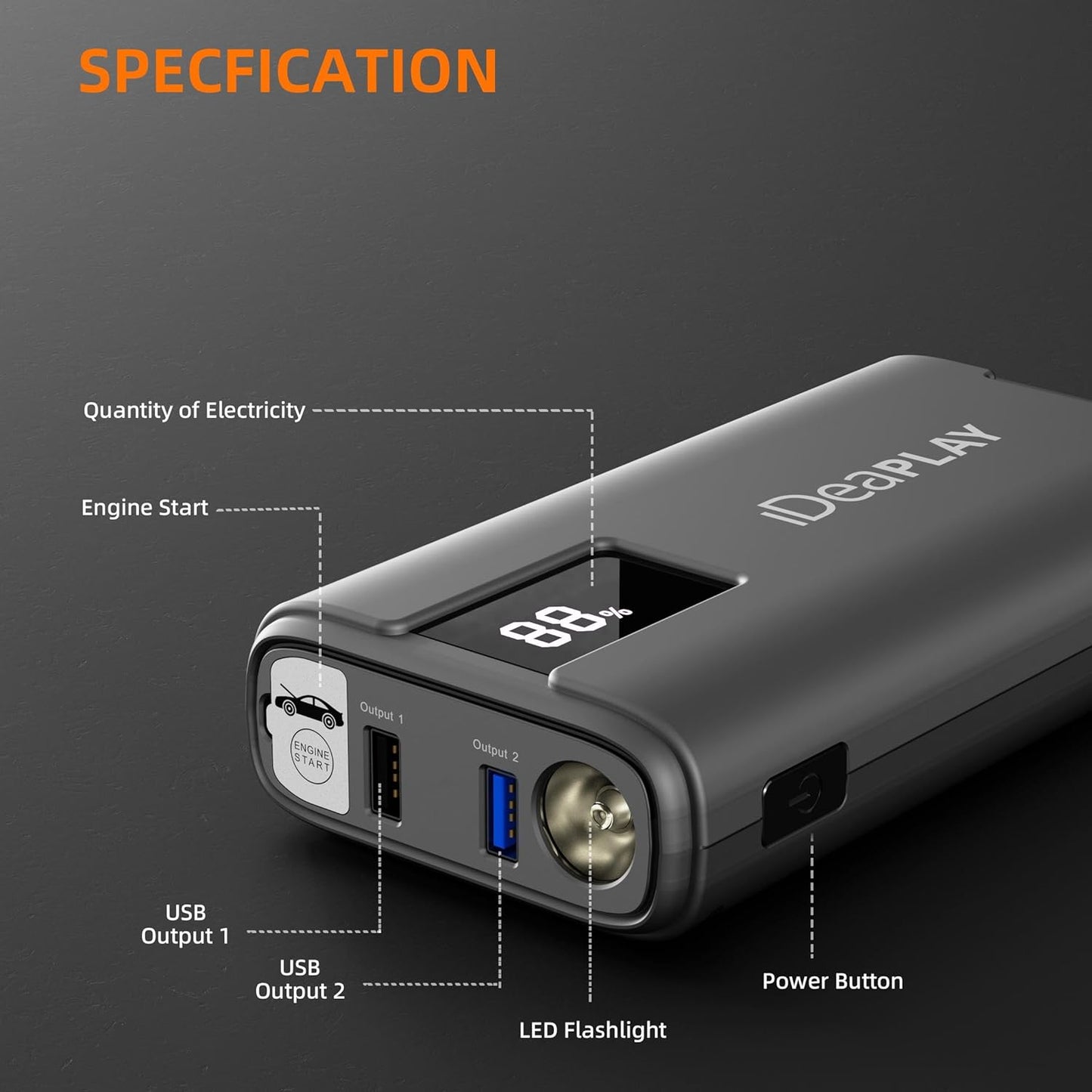 IDEAPLAY J10 Jump Starter, 2000A 12V Car Battery Jump Starter Portable for Up to 8.0L Gas and 7.0L Diesel Engine, Jump Box with Jumper Cables, Type C Fast Charging Battery Jumper with LED Flashlight