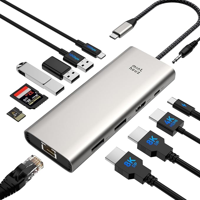 USB C Docking Station Triple Display Monitor Minthouz 12 in 1 USB C Hub,with 8K Dual DP,4*USB Port,100W PD Thunderbolt 3/4,2.5G Ethernet/SD/TF/3.5mm USB c Dock for MacBook,Dell,HP,Surface