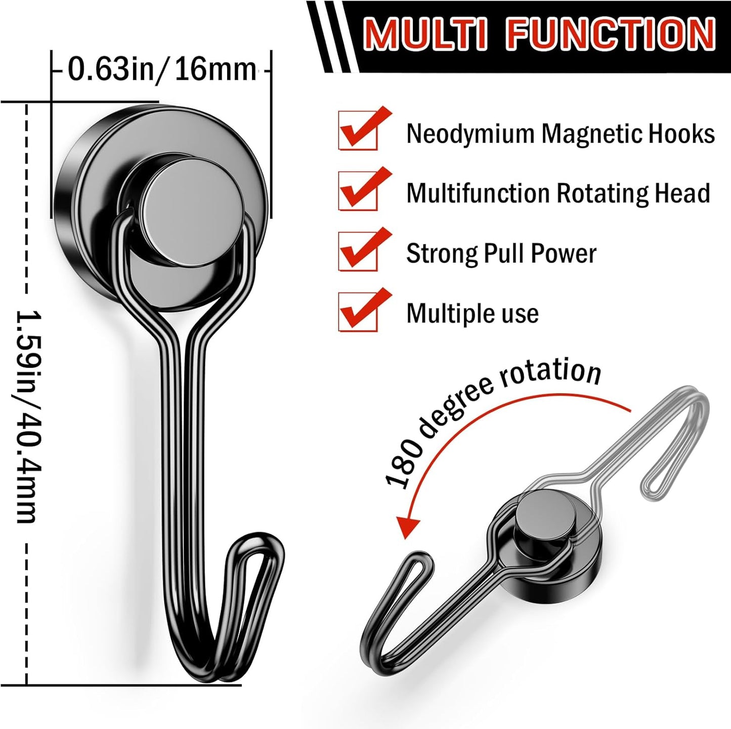 FINDMAG Black Magnetic Hooks, 30lbs+ Strong Magnetic Hooks for Refrigerator, 2025 Cruise Ship Essentials, Swivel Swing Magnet Hooks for Garage, Home Organizaton, Whiteboard, Office Supplies - 20 Pack