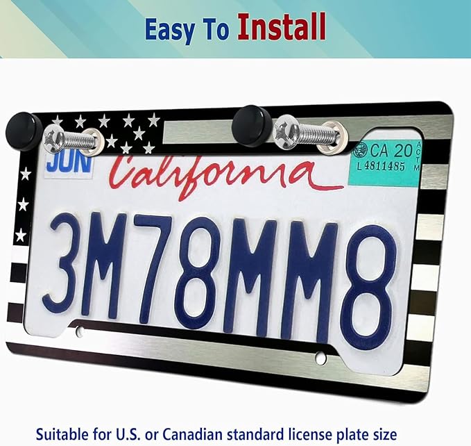 BGGTMO Black American Flag License Plate Frames- 2 Pack Front Rear Patriotic USA Stars and Stripes Aluminum Car Tag Holder with Screws