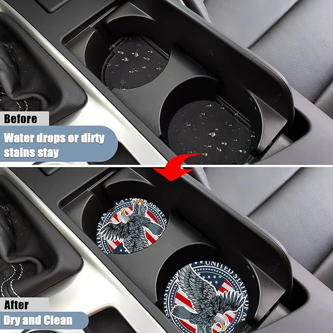 Car Cup Holder Coaster - Vintage USA Flag Eagle Absorbent Ceramic Coaster 2 Pack, Car Coasters for Cup Holders, Fashion Car Interior Accessories Drink Coaster for Women & Men
