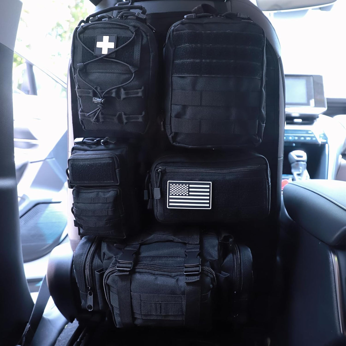 Universal Tactical Seat Back Organizer Vehicle Molle Panel Organizer Storage Bag with 5 Detachable Molle Pouch for All Vehicel Such as Jeep,Truck,SUV, Car, Ford,Chevy etc