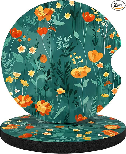 Car Cup Holder Coasters, 2 Pack Universal Auto Anti Slip Insert Coaster with A Finger Notch, Cute Car Assecories for Women Men, Cup Mat for Most Interior, Beautiful Flowers