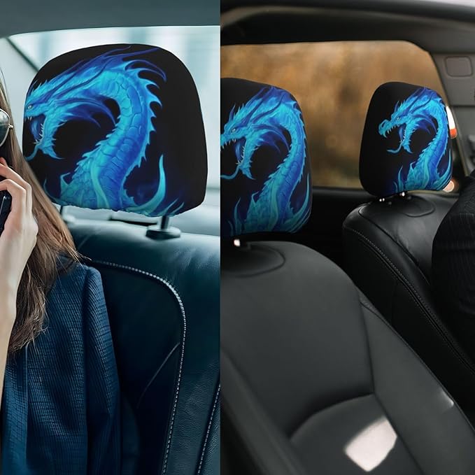 Dujiea 2 Pack Fire Blue Dragon Car Headrest Covers, Universal Soft Car Seat Head Rest Cover Protector, Vehicle Accessories Fabric Headrest Cover for Cars Vans Trucks